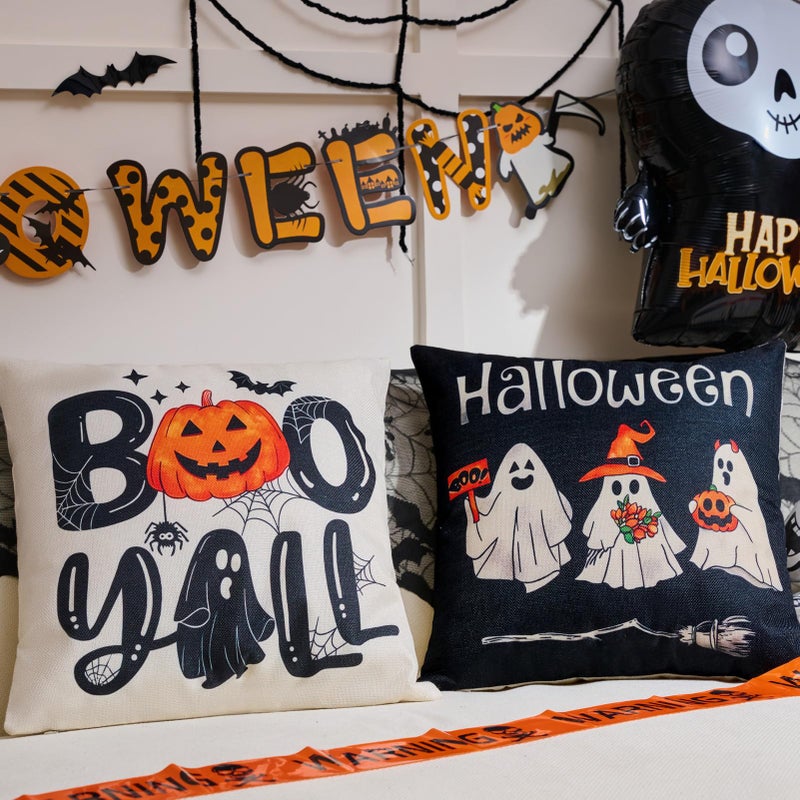 Hongsome Ghost Halloween Decor-Throw Pillow Covers 18x18in Set of 4 Spooky Gothic Linen Pillow Case for Couch Fall Christmas Holiday Outdoor Burnt Orange Black White Decorations - Image 4
